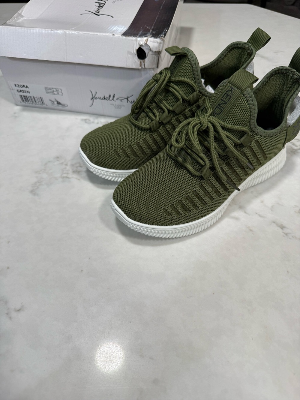 Kendall & Kylie Olive Knit Lace-Up Sneakers with White Sole